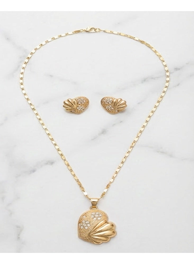 Fashion Jewelry Elegant Gold Tone Necklace and Earrings Set for Women, Heart Shell Design Pendant with Sparkling Crystal Stones, Luxury Jewelry Set for Party, Wedding and Daily Wear - Image 1